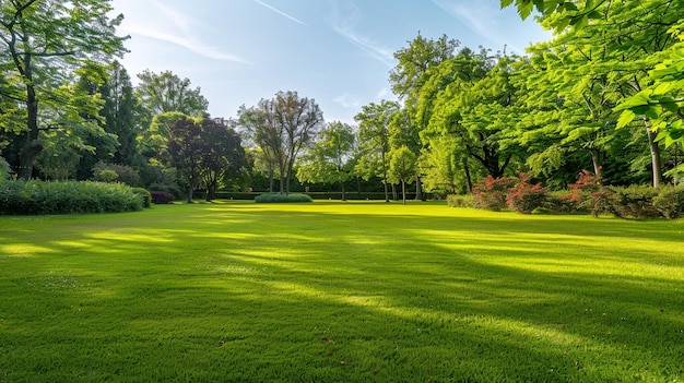 a lawn with a view of the woods and trees