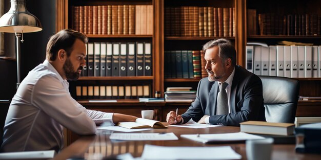 Photo a lawyer and client having a serious discussion in a modern law office with legal documents and a bookshelf filled with law books visible in the background