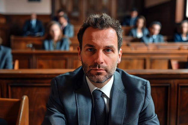 Lawyer in courtroom portrait with professional style and mirrorless camera