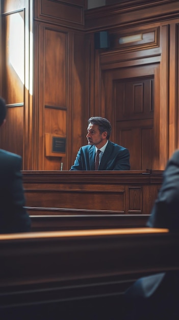 Photo lawyer crossexamining witness in courtroom