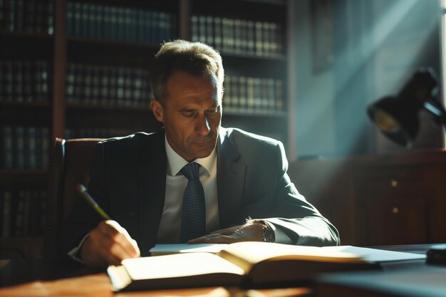 Photo lawyer deep in case preparation at desk