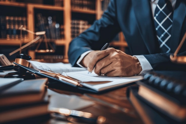 Photo a lawyer drafting a contract at a desk