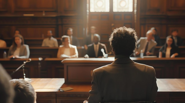 Photo a lawyer is giving his closing argument in a court of law the jury is listening intently to his every word