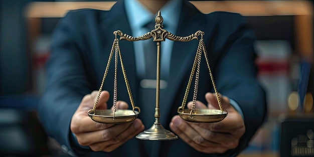 A lawyer is holding the scales of justice in front with blurred background