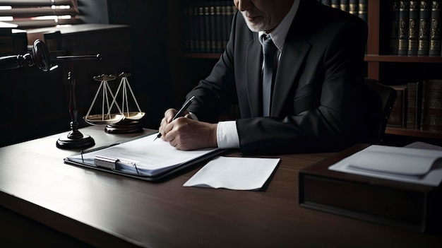 Lawyer notary attorney signs act legal document Businessman in suit copy space web banner concept ai generative