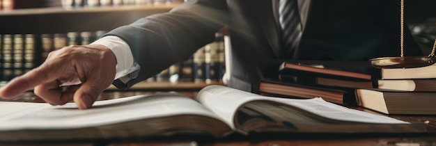 Photo a lawyer pointing at a specific clause in a joint financial investment contract with law books and financial reports on the desk