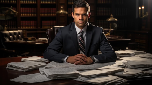 Photo lawyer sitting at desk with piled documents