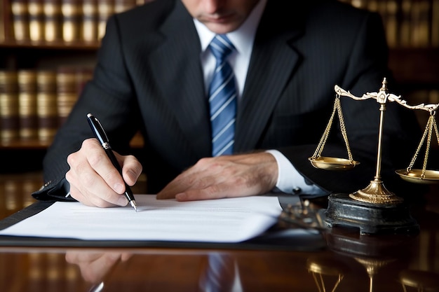 A Lawyer Sitting at His Desk Holding the Gavel and Reviewing Documents