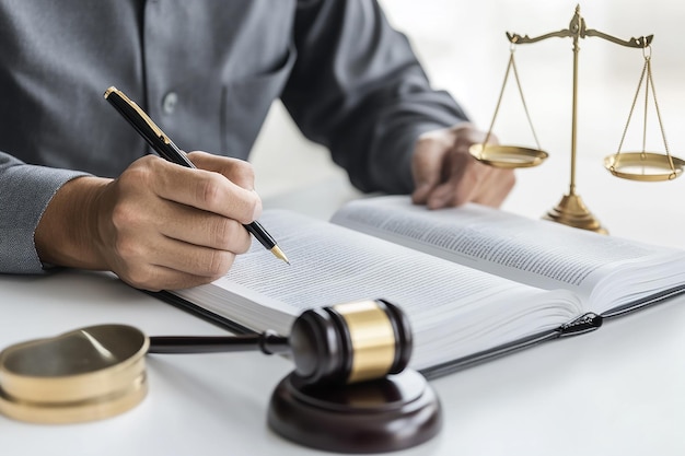 A Lawyer Sitting at His Desk Writing in a Book with Focused Intent