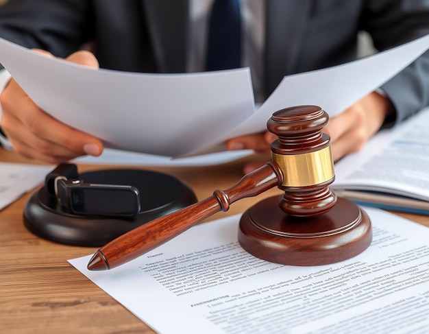 Lawyer working on a documents and report of the important case and wooden gavel