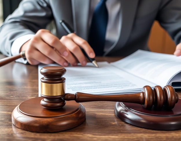 Lawyer working on a documents and report of the important case and wooden gavel