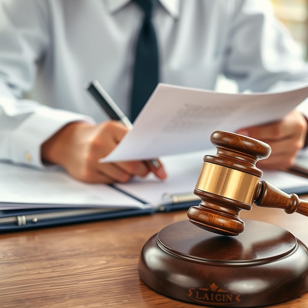 Lawyer working on a documents and report of the important case and wooden gavel