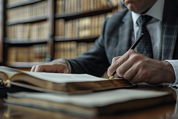 Lawyer Writing Case File at Desk with Blurred Law Books Background