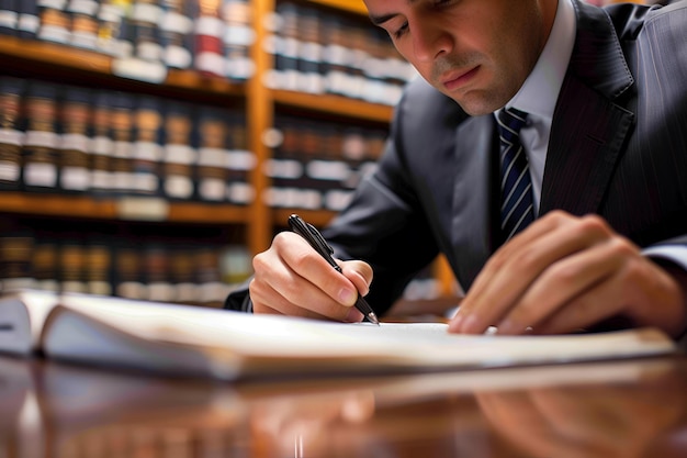 Photo lawyer writing case file at desk with blurred law books background