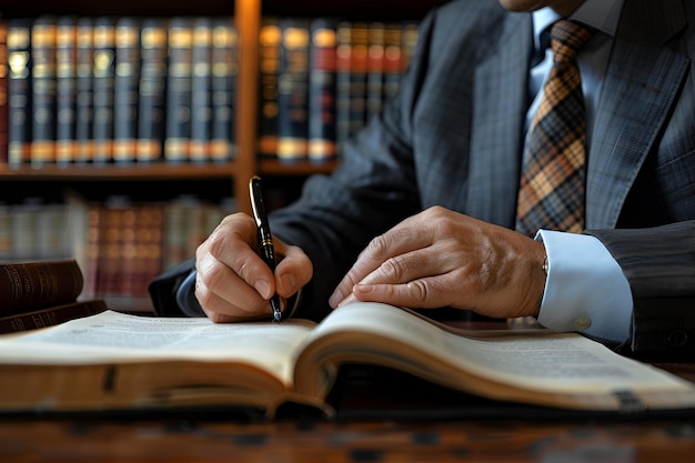 Lawyer Writing Case File at Desk with Blurred Law Books Background