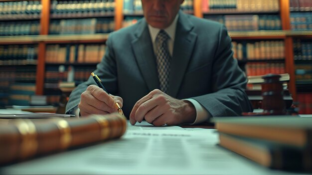 Photo lawyer writing case file at desk with blurred law books background