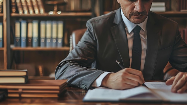 Photo lawyer writing documents in office library