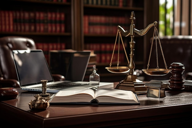 Lawyers desk with legal pads a laptop and scales o