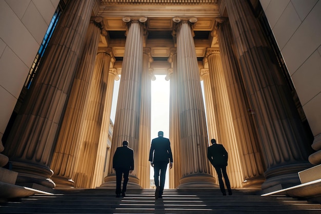 Photo lawyers in formal attire walking up the steps of a grand courthouse with columns and architectural details in view