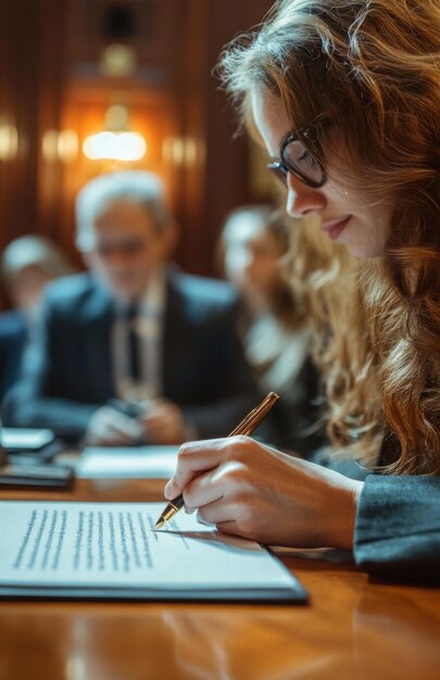 Photo lawyers hand with a pen writes on legal document at office desk surrounded by colleagues