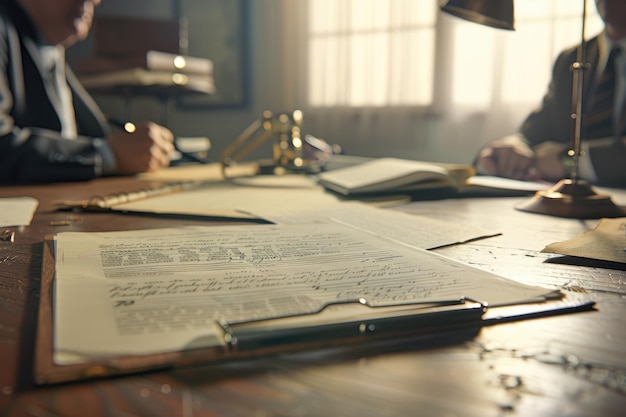 Photo lawyers reviewing documents at desk with typewriter parts