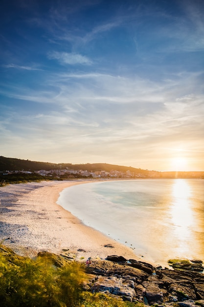 Laxe Beach summer background with copy space of Galician Landscape dusk on the coast Atlantic ocean sunrise in the death coast nature of Corunna