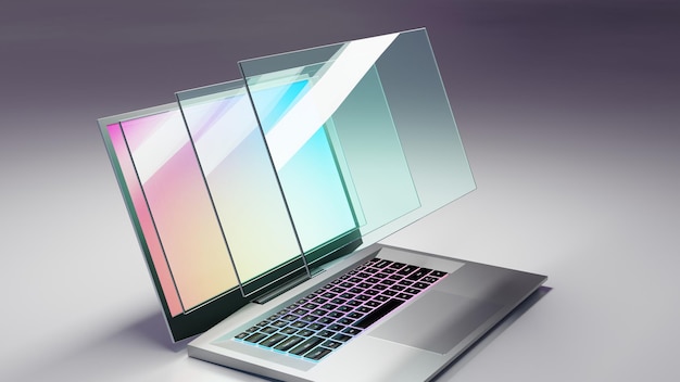 Layer glass screen display laptop computer 3D illustration rendering