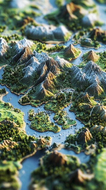 Photo layered 3d map of a fictional world with mountains and terrain