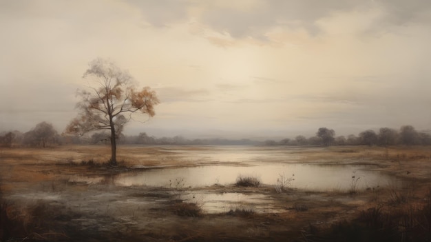 Photo layered and atmospheric oil painting of dry grasses near a pond