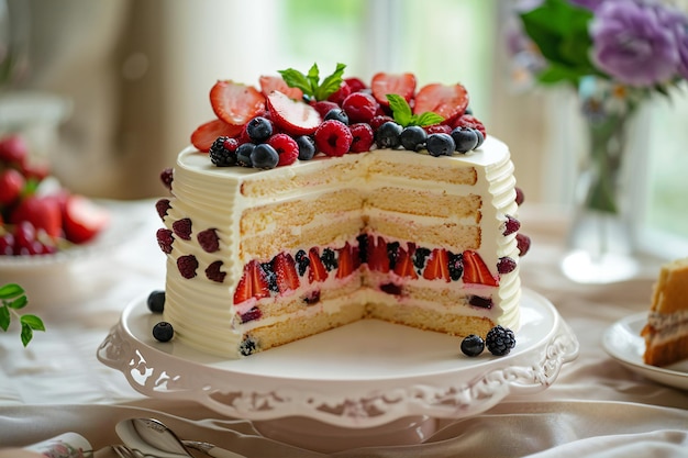 Layered Berry and Fruit Cake with Raspberries Cherries and Elegant Toppings for a Gourmet Dessert