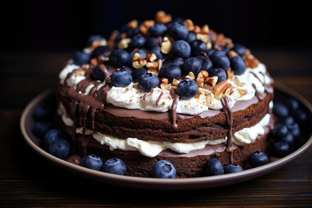 Layered chocolate cake with buttercream and berries and nuts