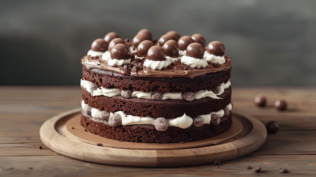 A layered chocolate cake with cream and chocolate balls on top