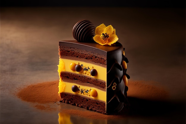 a layered chocolate cake with yellow decorations