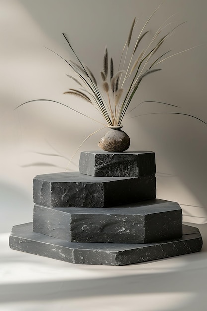 Layered Diamond Shaped Slate Product Stand With Natural and Chic Te Nature Inspired Background Decor