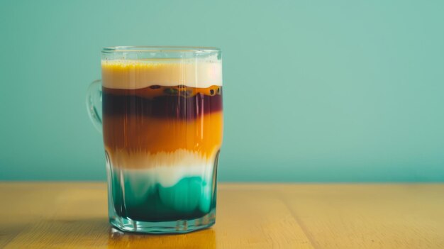 Photo layered drink in a glass with a teal background