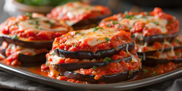 Layered Eggplant Parmesan Eggplant Marinara Sauce and Mozzarella Cheese Concept Layered Eggplant Parmesan Vegetarian Dinner Italian Cuisine Baked Casserole Cheesy Comfort Food