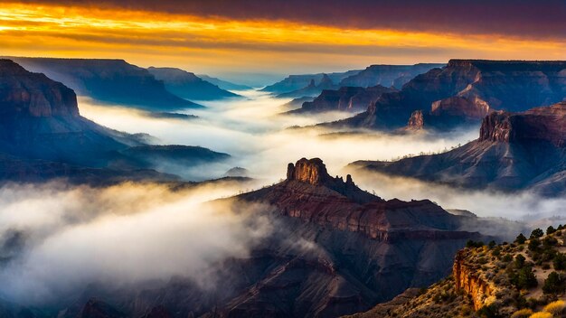 Photo layered foggy canyon terrain with morning light generated by ai