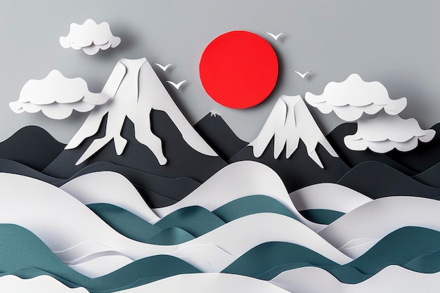 layered paper cut of mountains sea and sun on Japanese patterned background