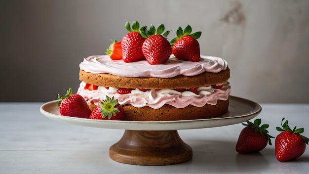 Layered strawberry cake with whipped cream and fresh berries