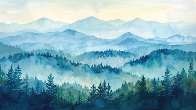 Layered watercolor of misty blue forested mountains