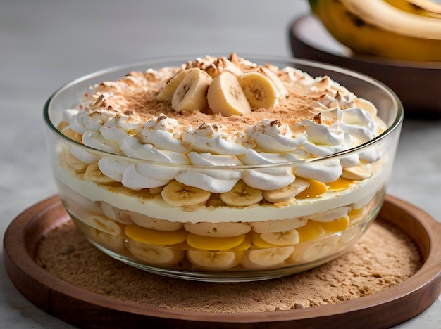 Layers of banana pudding with vanilla wafers and a dollop of whipped cream