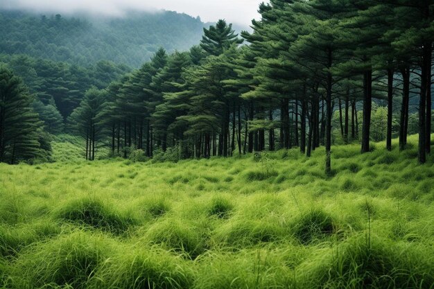 Layers of lush wild grass with a forest backdrop