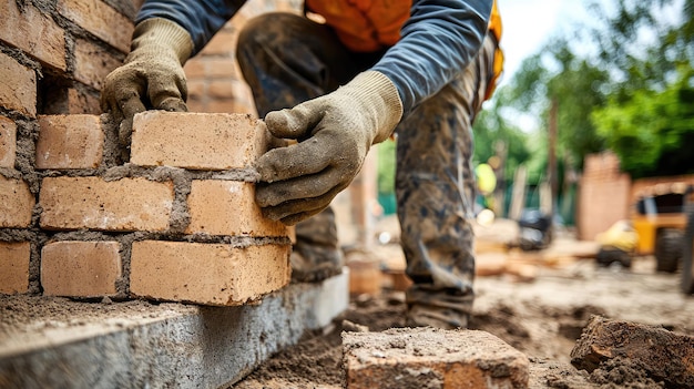 Laying bricks on residential house construction worker focuses intently