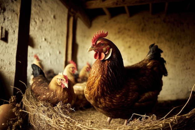 Laying chickens in a chicken house next to a basket of fresh eggs