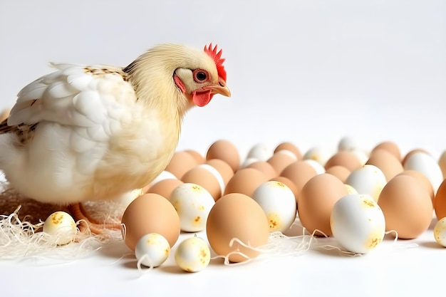 Laying hen near the eggs