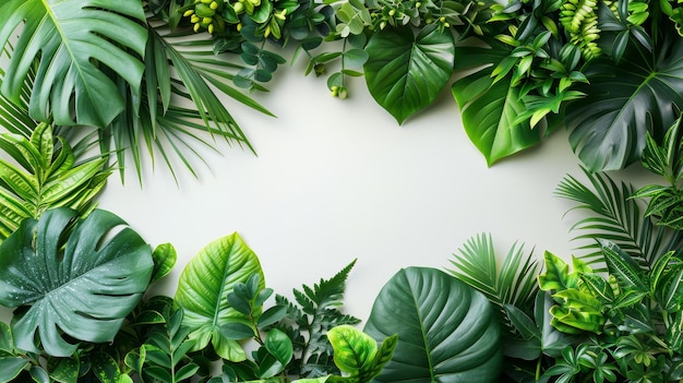 The layout features colorful tropical leaves on a white background Minimal summer exotic concept with copy space The border arrangement provides a nice finishing touch