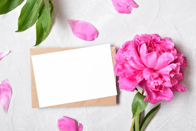 The layout is made of a kraft envelope and the color of a peony on a gray background minimalism