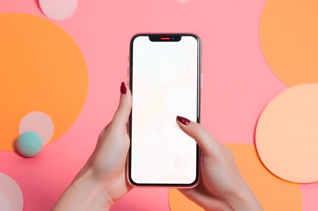 The layout of the phone Smartphone mockup template The girl holds the phone with both hands Bright Background under the color of nails A beautiful manicure Flat lay Generative Ai