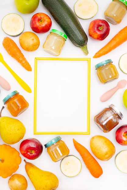 Layout of Puree for baby food with vegetables and fruits Selective focus nutrition The first complementary feeding of the child A happy child A wellfed child Copy space