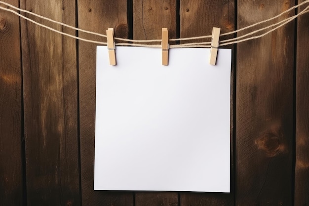 Layout of a white sheet for an ad with a rope on a wooden background The sheet is hanging on clothespins